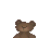 Pixelated brown bear with closed eyes and a smile, surrounded by scattered autumn leaves in green, red, and yellow hues against a light gray background.