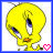 A pixelated cartoon character with yellow feathers, blue eyes, and an orange beak appears on the left side of a split-screen image, while the right side displays text reading "tweety is a sweety" in blue letters against a light blue background.