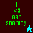 Green text 'i <8 ash shanley' on dark red background with cyan star; same text on teal background with no star; green text on cyan background with brown star; green text on teal background with no star.