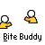 Pixelated yellow figures with white circular heads perform sequential actions against a gray background, labeled 'Bite Buddy' beneath each frame.