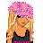 Pixel art contact sheet showing three distinct character frames with pink text overlays on a black background, featuring blonde woman with pink headpiece, midriff-baring outfit, and high-heeled boots.