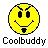 Static pixel art icon featuring a yellow smiley face with black features and the text "Coolbuddy" below it on a gray background.