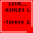 Red square icon with black pixelated text reading LOVE.... ASHLEY L. -TOMMY S. and a white border, featuring a white heart symbol in the bottom-right corner in one frame and a white star symbol in the bottom-right corner in another frame.