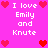 Pixelated pink background with white text "I love Emily and Knute" surrounded by red heart icons in a