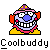Pixel art clown character with exaggerated features and colorful clothing on gray background, labeled "Coolbuddy" below.