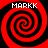 Four identical red and black spiral patterns arranged in a , each with white text reading "MARKK" above the spiral