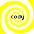 Four identical yellow and white spiral patterns arranged in a , each containing the text 'cody' in dark blue pixelated font at the center