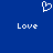 Blue background with white pixelated heart symbol above two instances of the word 'Love' in pixelated text.