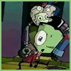 Green cartoon character with large white eyes and red dress moves through dark doorway, interacting with smaller figures behind.