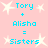 Pixelated text on pink background with white stars, showing 'Tory + Alisha = Sisters' repeated twice in cyan font.