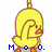 Pixelated yellow duck with orange beak and feet, brown outline, blue text 'Moo.' below, static image.