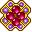 Pixelated flower-shaped icon with golden border, purple gem accents, and shifting pink-red center pixels.