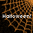 Halloween-themed animated icon with orange spiderweb patterns and white text on a black background.