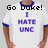 Two identical figures in white shirts with blue trim display opposing text: 'Go Duke! I HATE UNC' on the left and 'UNC Sucks! I HATE UNC' on the right.