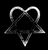Static pixelated icon featuring a white outline of an inverted pentagram with interwoven heart shapes on black background.