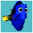 Pixelated blue fish with yellow tail and black fins on cyan background, accompanied by white outlined text reading 'no eating here 2night we on a diet'.