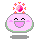 Pixelated pink character with closed eyes and open mouth, surrounded by small yellow and red sparkles in multiple states.