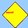 Four yellow diamond-shaped icons with black borders on colored backgrounds, each displaying red text: 'send', 'Me', and 'mail' across blue, pink, green, and gray