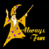Animated wizard in yellow robe with purple spots holding a wand, casting different colored sparkles against black background with 'Always Fun' text.