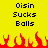 Yellow background with black text reading 'Oisin Sucks Balls' repeated twice, red pixelated flames at the bottom.