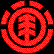 Red pixelated circular icon with central stylized character surrounded by segmented rings on black background.