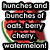 Pixelated watermelon slice with red flesh, black seeds, green rind, and white inner stripe; text overlay reads "bunches and bunches of oats. berry cherry. watermelon!".