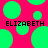 Bright pink background with scattered green circles and two instances of the text 'ELIZABETH' in black pixelated font.