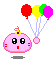 Pixelated pink character with yellow crown, red cheeks, and black eyes holding four balloons (red, yellow, green, purple) against gray background.