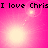 Pixelated pink background with repeated text "I love Chris" and shifting light effects across four quadrants.