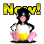 Pixelated penguin avatar with black head, white chest, yellow belly, pink feet, and pink beak, under yellow 'Now!' text on gray background.