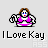 Pixel art character in pink bikini top with brown hair, blue eyes, red lips, holding various objects under "ILove Kay" text.