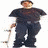 A pixelated figure in dark clothing holding a sword-like object stands beside a red square with white circular and Chinese character symbols.