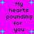 A vibrant pink background with cyan plus signs and repeated black text reading 'My hearts pounding for you' in a pixelated font.