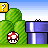 Pixel art animation of Mario-themed game elements with question blocks, mushrooms, and a character moving across platforms.