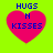 Four identical pixelated heart icons with blue text 'HUGS N KISSES' on a bright green background, arranged in a