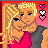 Pixel art buddy icon featuring a blonde character in pink and gray clothing with three heart symbols on the left, next to green text reading "Original Icons .com" on a dark background.