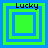Four square display a green and blue layered square design with 'Lucky' text above each , showing variations in square layering and spacing