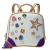 Animated sequence of a white backpack with gold trim and purple accents, decorated with colorful star and square patterns.