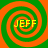 Four identical spiral patterns with alternating green and orange rings, each containing the text JEFF in yellow pixelated letters.
