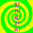 Four identical spiral patterns with alternating green and yellow rings, each containing vertical pink text reading "S! H! A! Z! A!" on a bright yellow background.