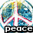 Pixelated brain-shaped icon with blue, yellow, and red color scheme; black banner at bottom displays 'peace' in white lowercase letters.