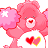 Pixelated pink Care Bear with heart emblem, holding cotton candy and two hearts on a white background.
