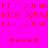 Pixelated text repeats 'NICK' and 'JONAS' in red on bright pink background with two of small heart symbols below