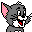 Pixel art of a gray cat with pink checkered ears, white muzzle and chest, red nose, black eyes, and dark gray body; left side shows open mouth with tongue out, right side shows closed mouth.