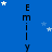 Blue background with scattered white and light blue stars, vertical text reading "EMILY" repeated four times in black pixelated font.