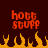 Red pixelated text 'hott stuff' appears above orange and yellow flames on a dark brown background.
