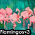 Pixelated image of multiple pink flamingos standing in turquoise water with green foliage, labeled 'Flamingos' at the bottom.