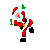 Pixelated Santa Claus in red suit with white trim, black boots, and green gloves appears in three distinct poses against gray background.