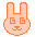Pixelated bunny head with orange outline and peach fill, featuring spiral eyes, small nose, and mouth on gray background.