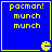 Blue square with yellow border containing yellow text 'pacman! munch munch' and a yellow Pac-Man icon in the bottom-right corner.